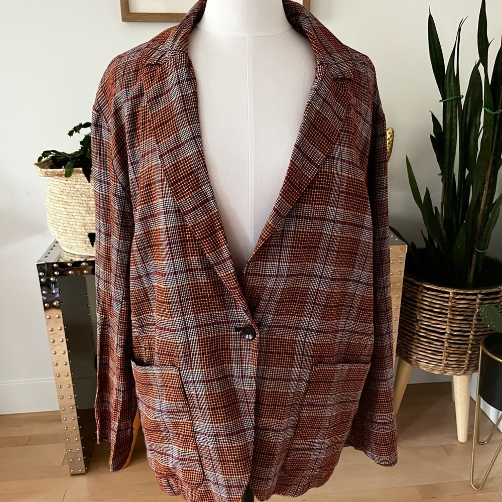 Free People Plaid Blazer in Rust Red and Cream - Picture 2 of 7